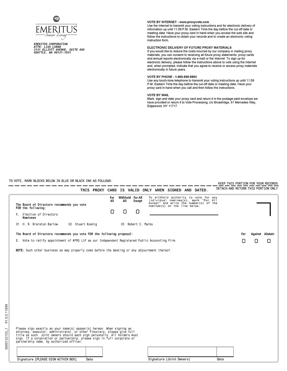 EMERITUS PROXY CARD Page 1